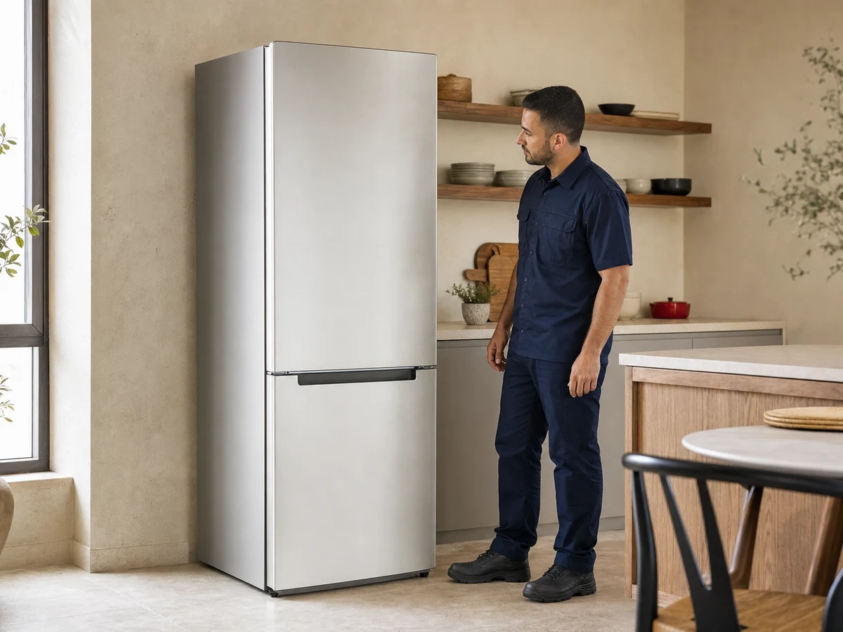 Technician beside household refrigerator — illustrative service photo