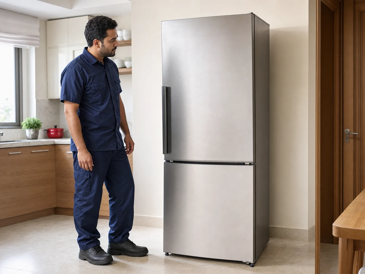 Technician beside household refrigerator — illustrative service photo