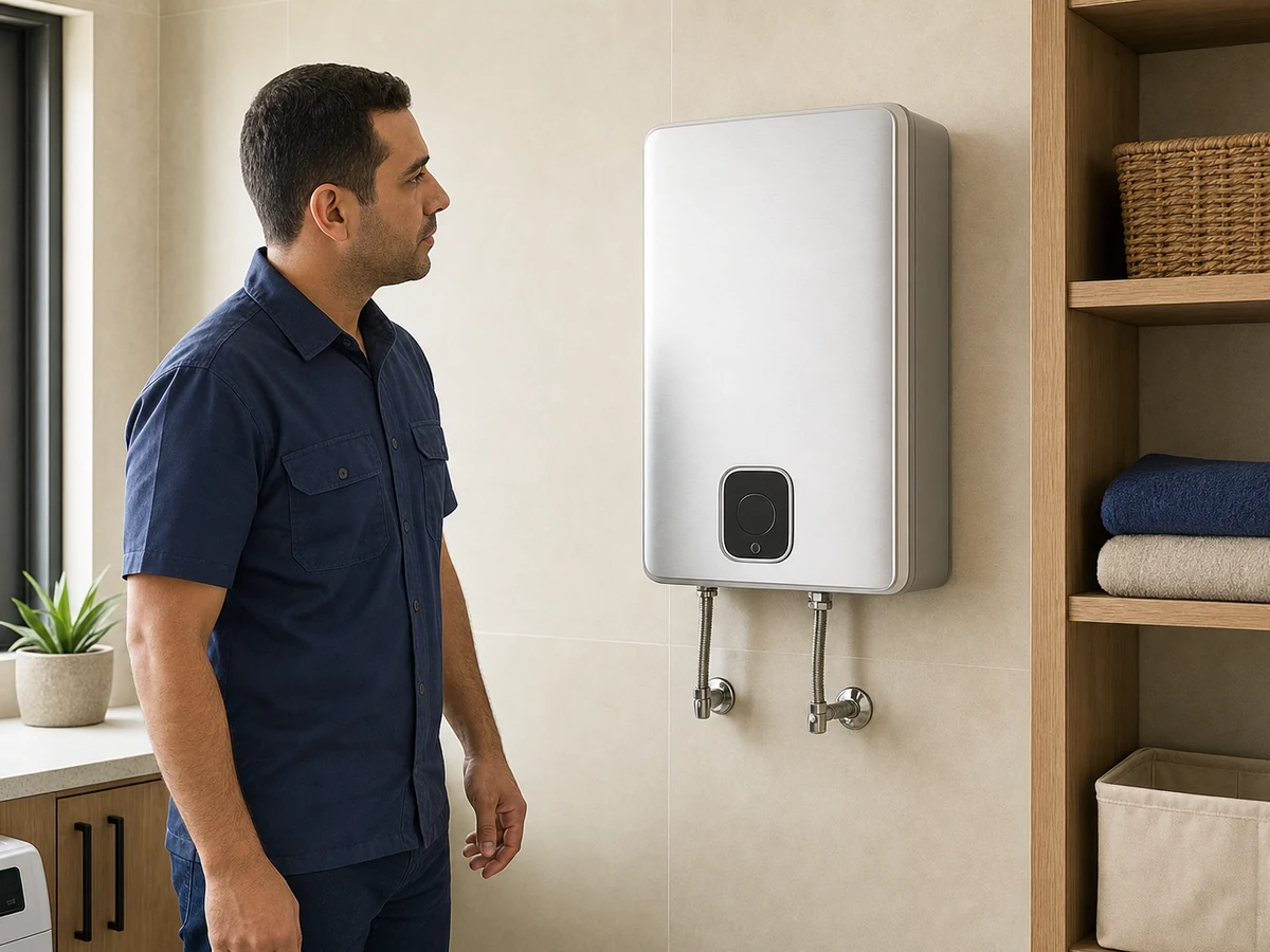 Technician beside illustrative instantaneous water heater — illustrative service photo