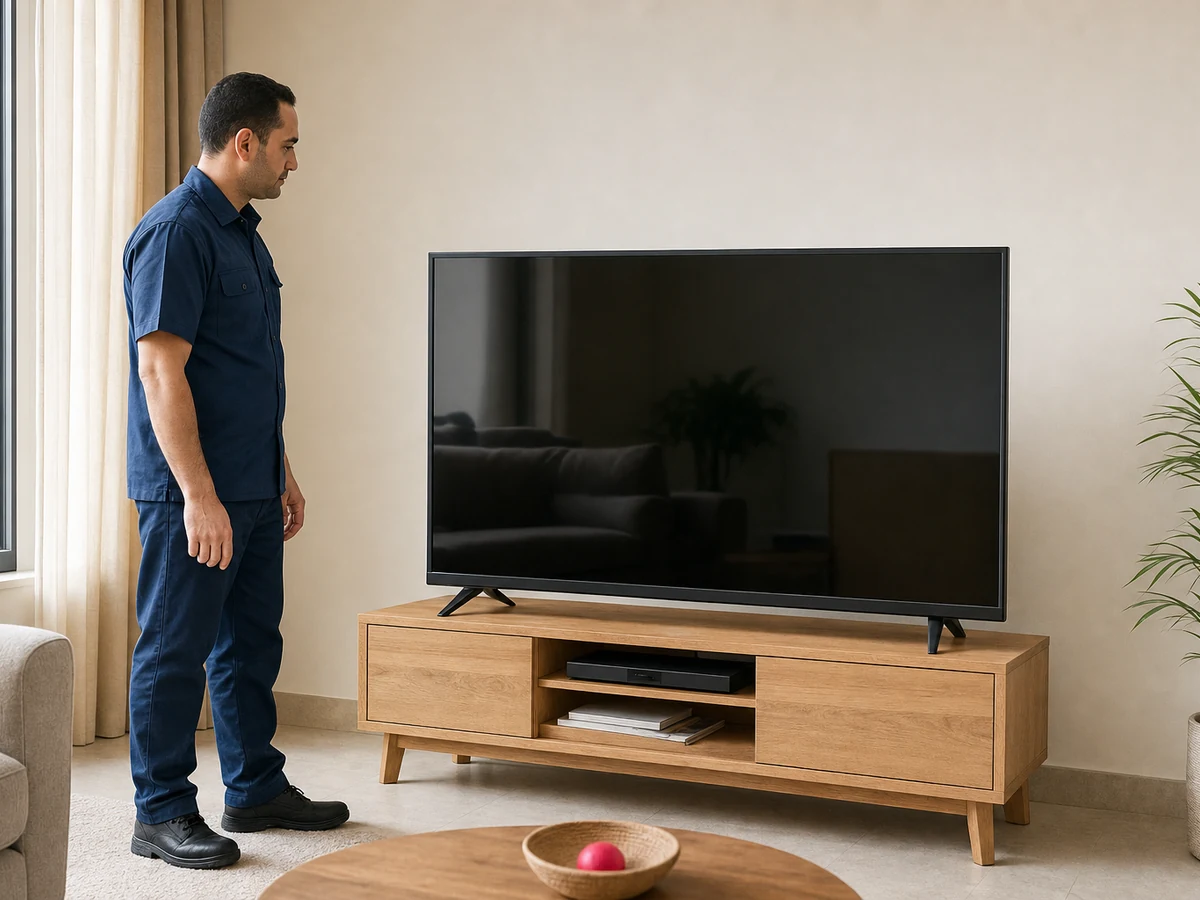Technician beside television — illustrative service photo