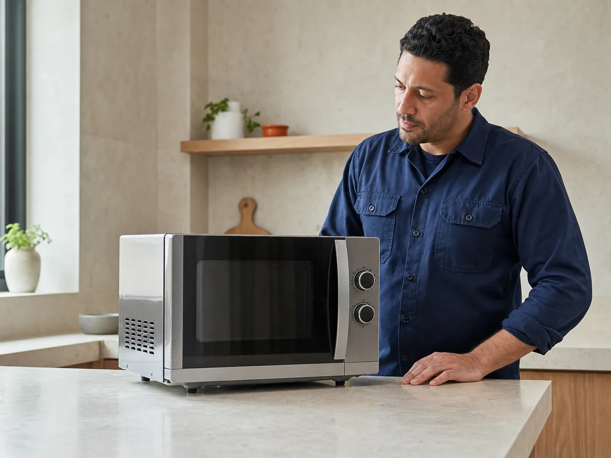 Technician beside microwave oven — illustrative service photo