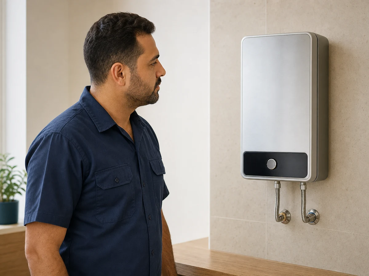 Technician beside illustrative instantaneous water heater — illustrative service photo