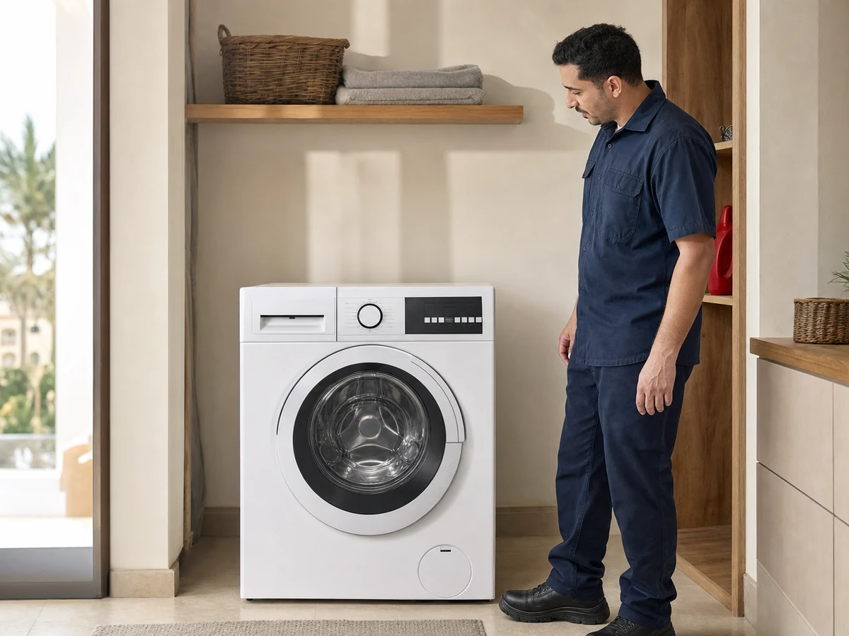 Technician beside front-loading washing machine — illustrative service photo