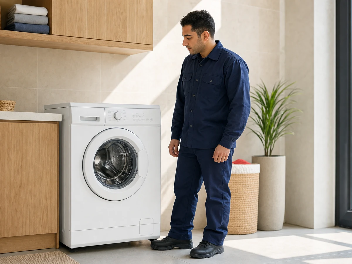 Technician beside front-loading washing machine — illustrative service photo