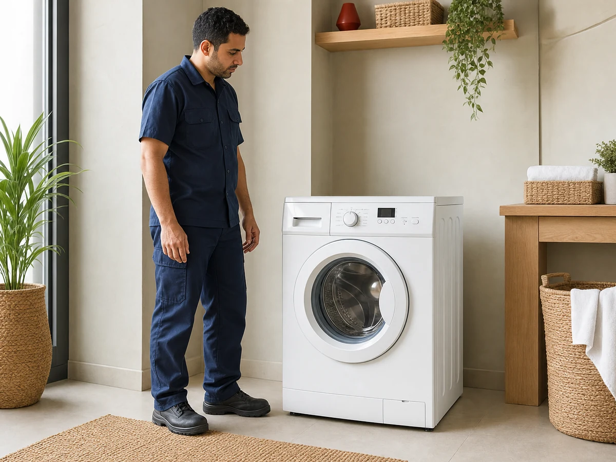 Technician beside front-loading washing machine — illustrative service photo