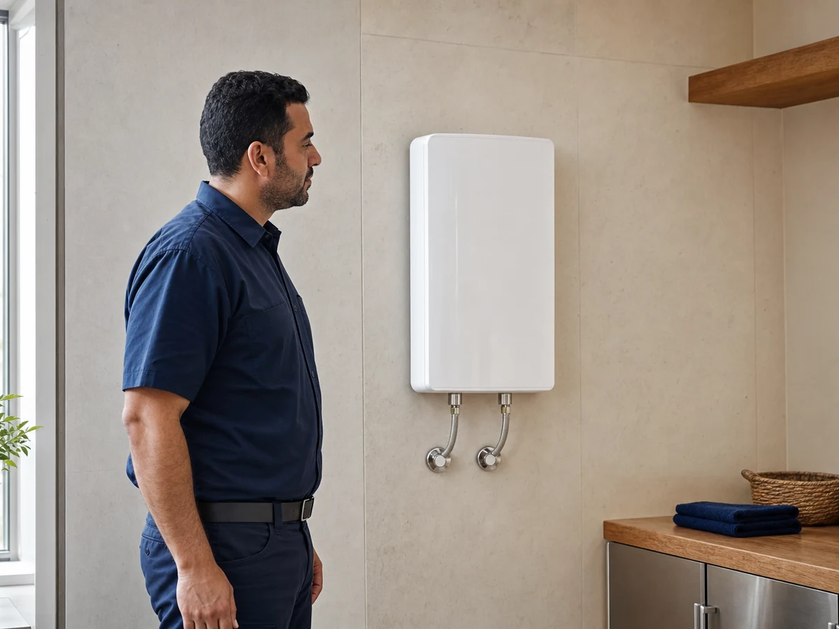 Technician beside illustrative instantaneous water heater — illustrative service photo