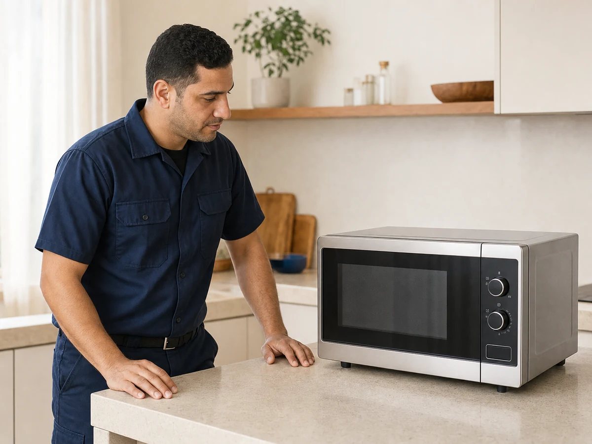 Technician beside microwave oven — illustrative service photo