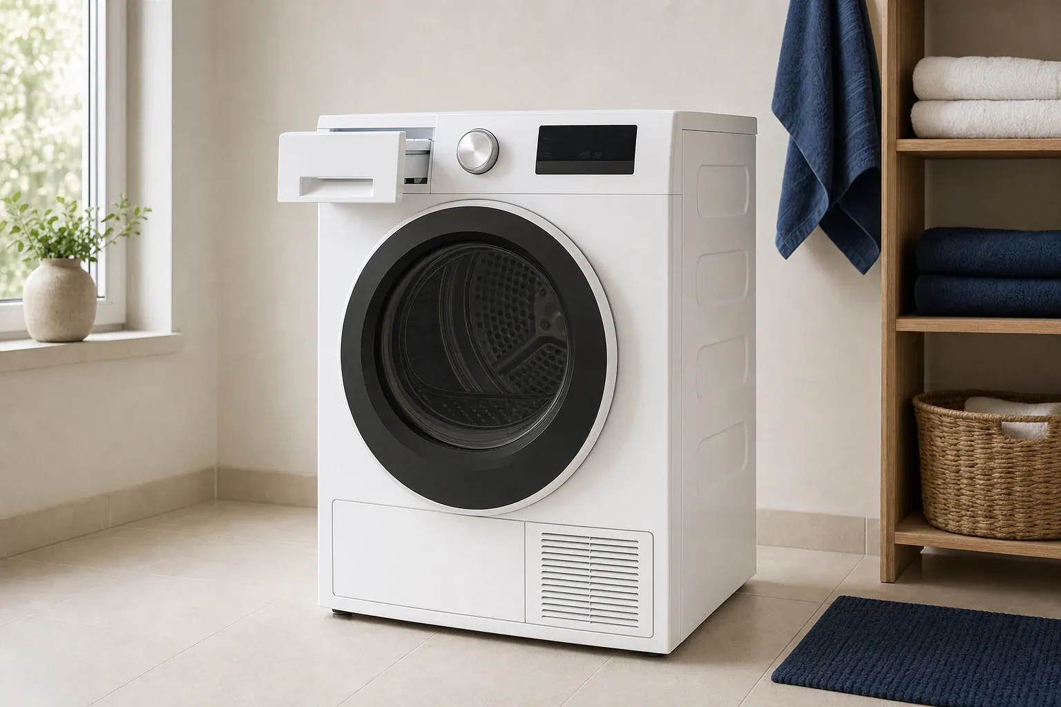 A white condenser tumble dryer, closed round dark glass door, a rectangular water reservoir drawer slightly pulled out at upper left, a discreet lower condenser grille, laundry nook