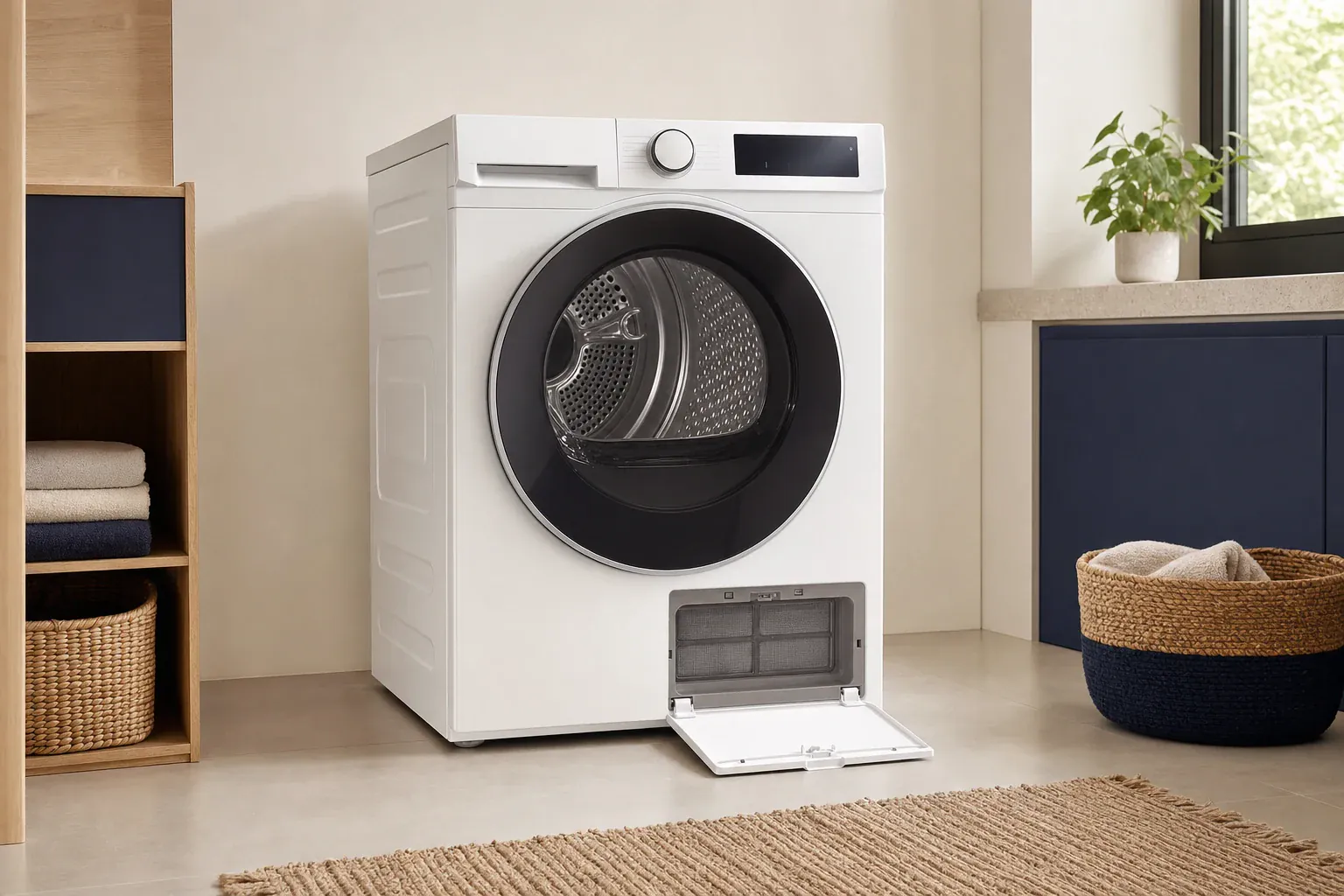A premium white heat-pump tumble dryer in a calm laundry nook, large dark glass circular door, visible dry perforated drum, lower rectangular filter hatch neatly open exposing a fine heat-exchanger grille