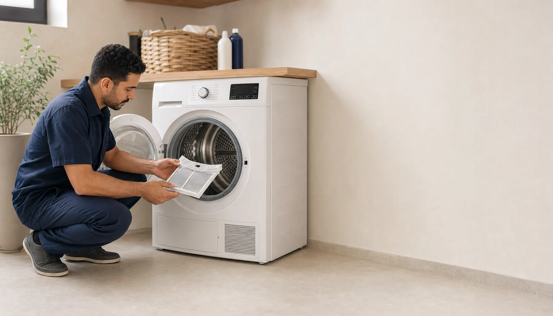 A white front-loading tumble dryer in a warm utility room