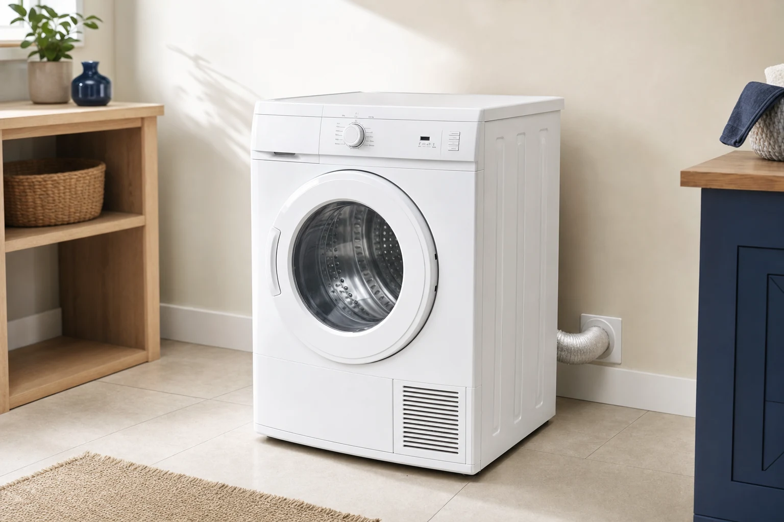 A white front-loading vented tumble dryer in a clean laundry room, closed circular glass door and dry drum, subtle side view showing a short flexible exhaust duct connected from the back to a wall vent