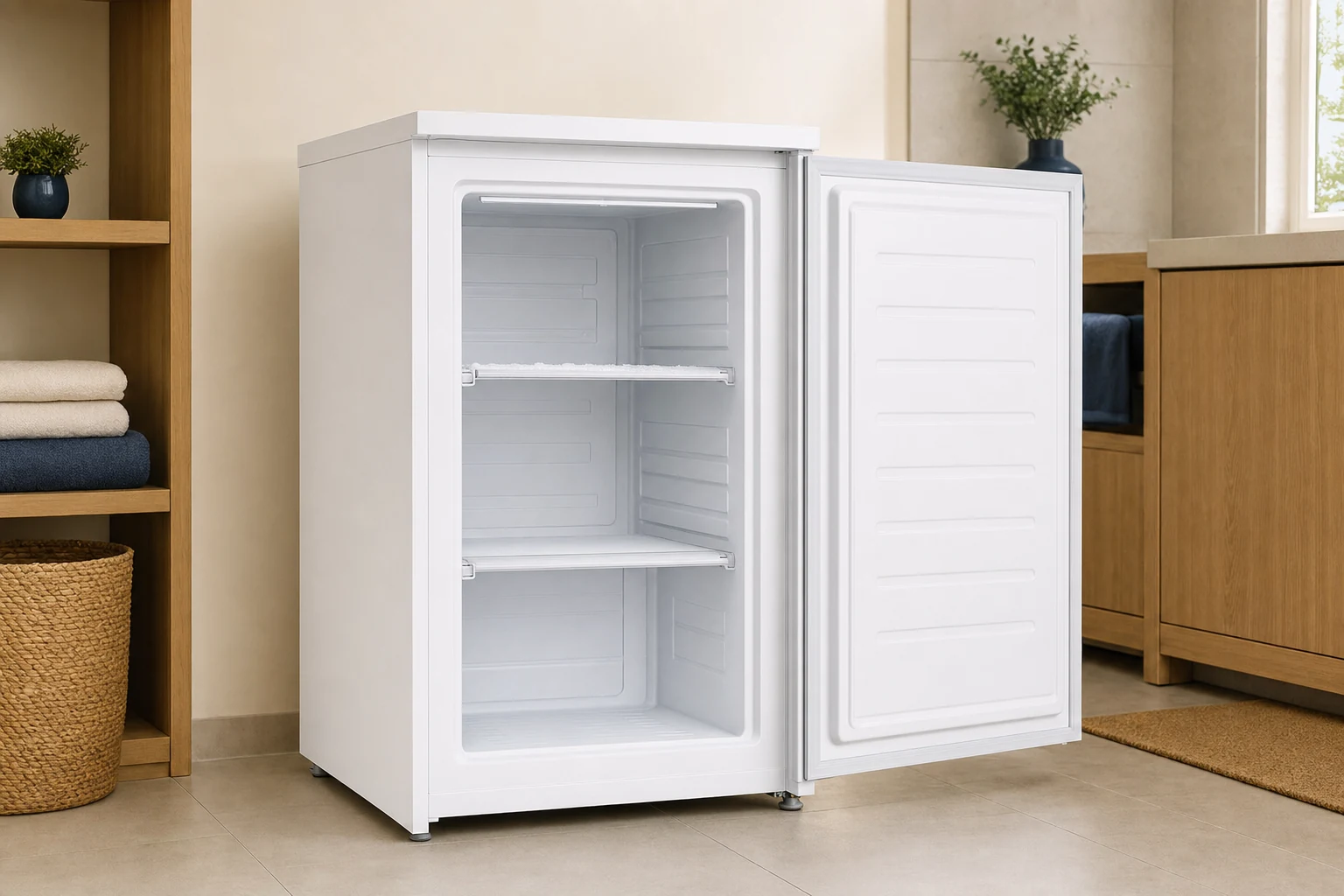 A compact white manual-defrost upright freezer, front door open with three simple freezer compartments and visible cooling shelves, only a very fine natural frost trace along a cooling shelf, clean utility room