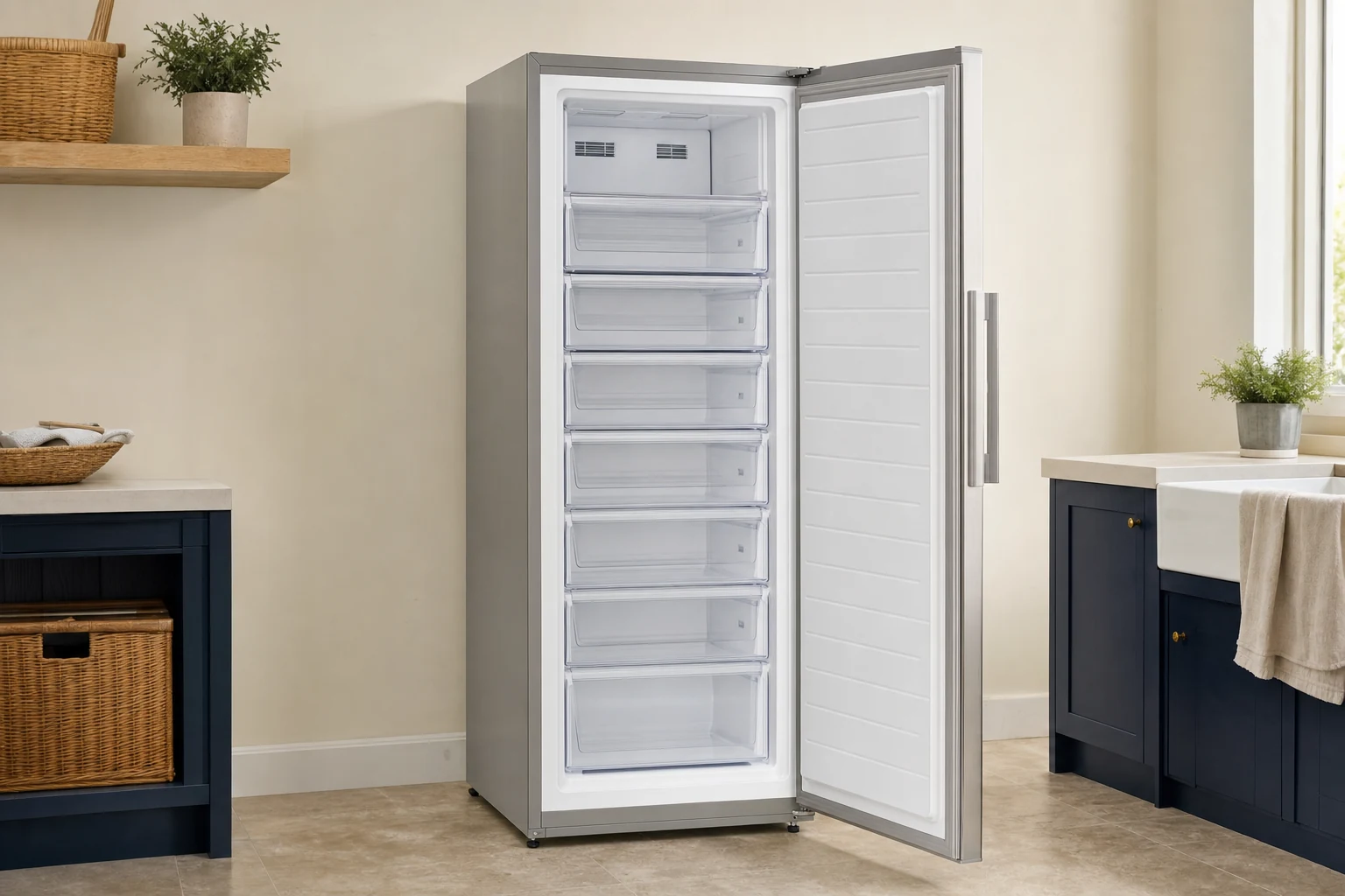 A tall silver no-frost upright freezer with single door open, clean frost-free translucent freezer drawers, small real air circulation vents at the top of the inner back wall, in a bright utility room