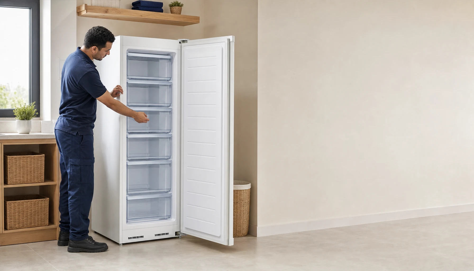 A white upright deep freezer in a tidy utility room, its door open to reveal stacked translucent freezer drawers
