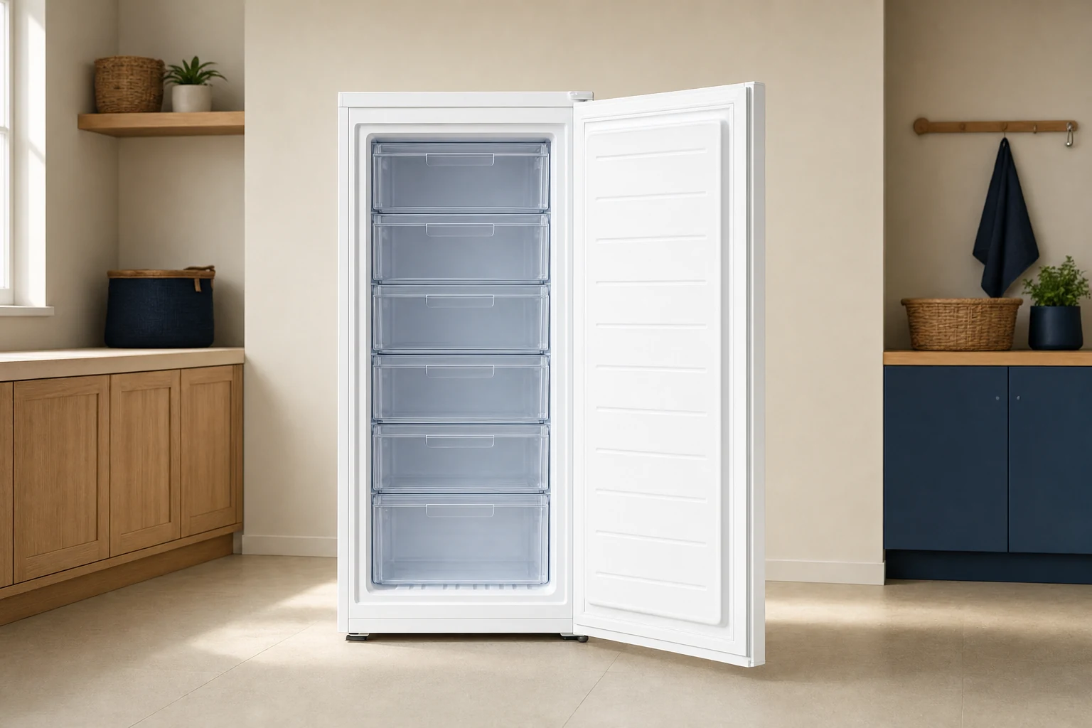 A tall white upright freezer with its single front door open, six stacked translucent pull-out freezer drawers visible inside, plain unbranded exterior, clean utility room