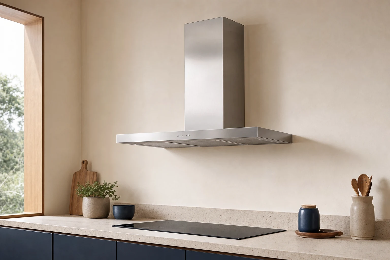 A modern T-shaped wall-mounted stainless steel chimney cooker hood: tall rectangular vertical flue and thin wide horizontal canopy with squared edges, against a warm off-white wall above a cold hob