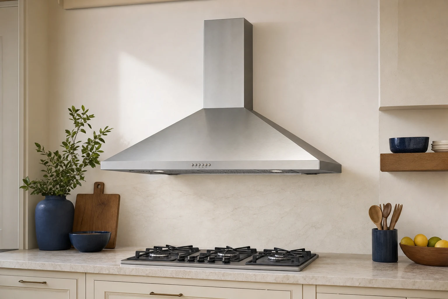 A stainless steel pyramid-shaped wall-mounted range hood, sloping trapezoid canopy and narrow rectangular vertical chimney, correctly aligned above a cold gas cooktop in a cream kitchen