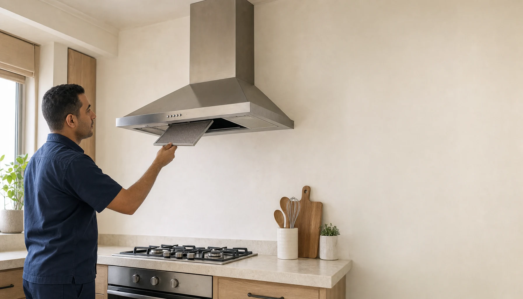 A stainless steel pyramid range hood above a cold cooktop in a cream kitchen