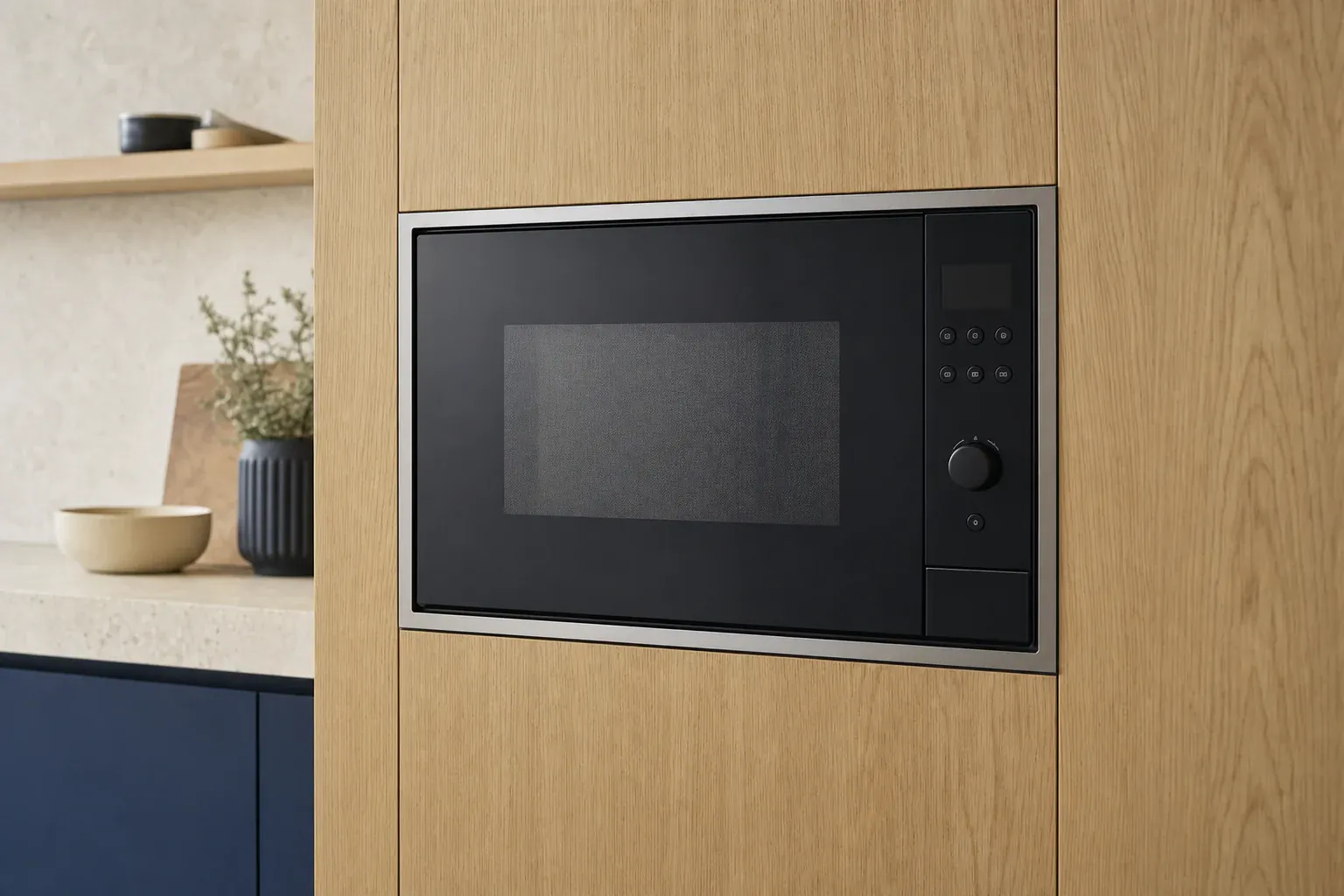 A built-in microwave fitted flush at chest height into light oak kitchen cabinetry, black glass side-opening door, narrow brushed steel trim, compact rectangular proportions with a small simple control panel on the right