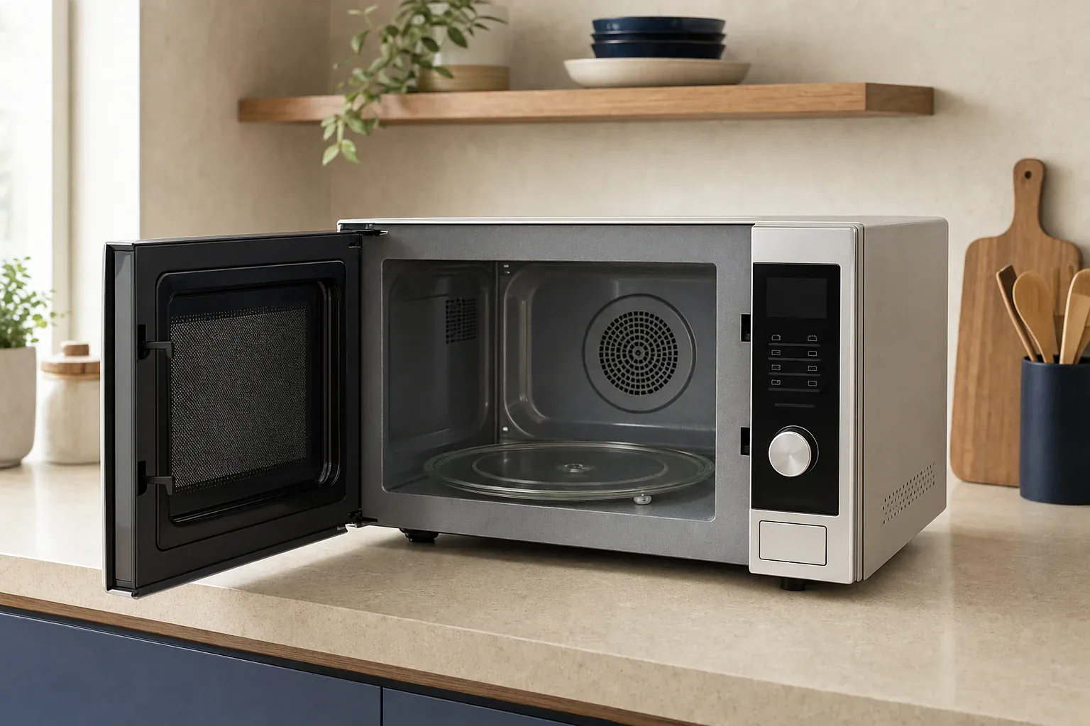 A premium countertop convection microwave, side-hinged black glass door open, round glass turntable and small circular fan guard visible on the rear interior wall, silver exterior, ordinary compact microwave dimensions, warm kitchen countertop