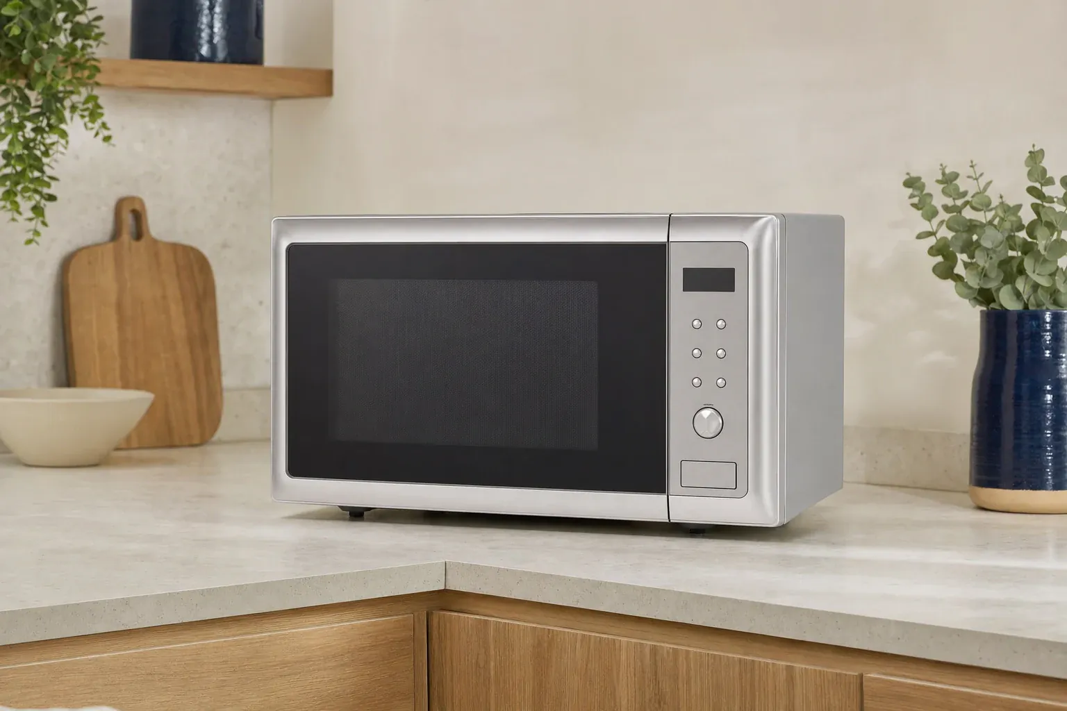 A compact silver countertop digital microwave with closed black glass door, right-side simple digital control panel, discreet unlit display and tactile buttons, on a pale stone kitchen counter