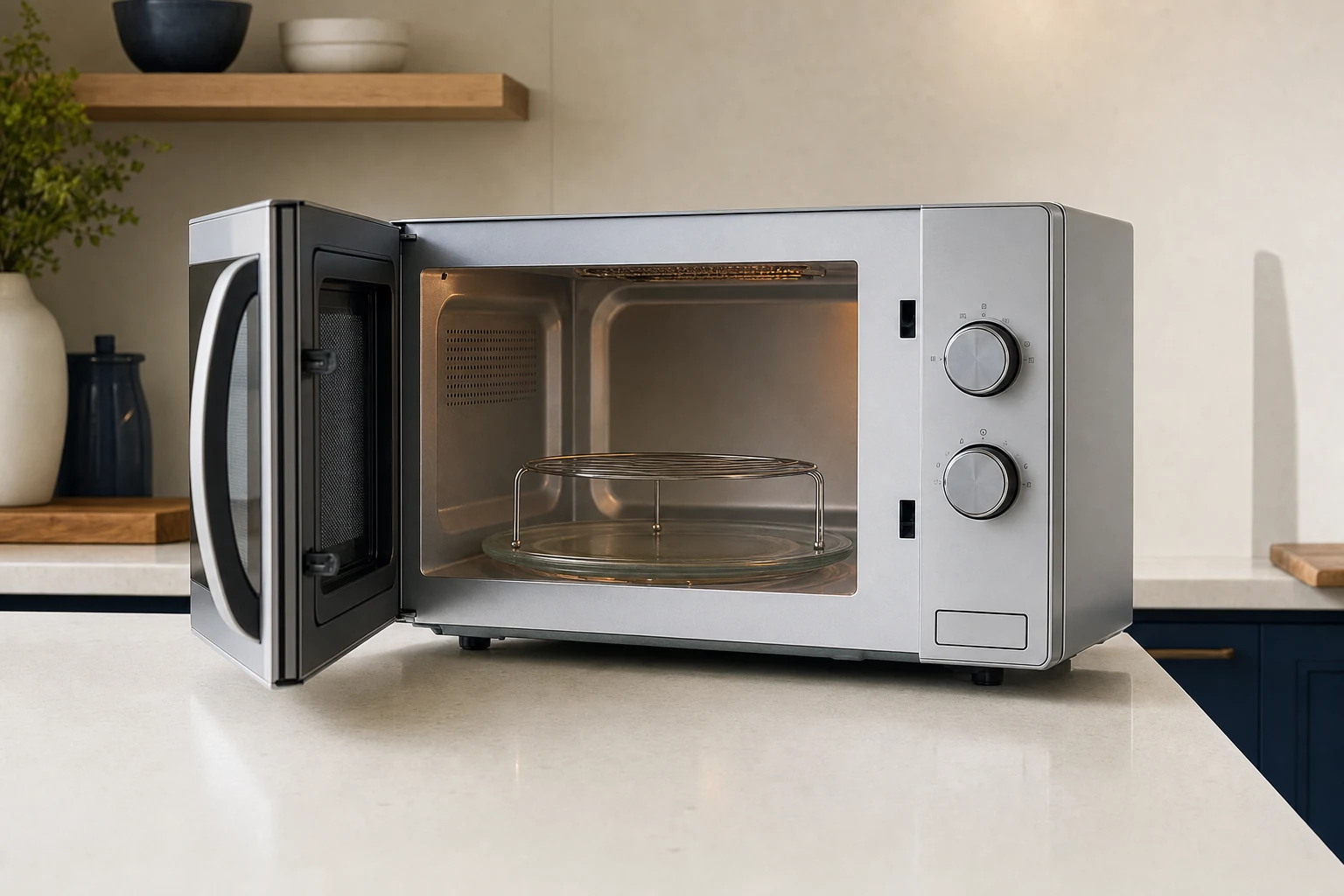 A countertop silver microwave with grill function, side-hinged door open enough to reveal one round glass turntable and a single short circular wire grill rack standing on it, subtle grill element at the upper inner ceiling, pale stone kitchen countertop