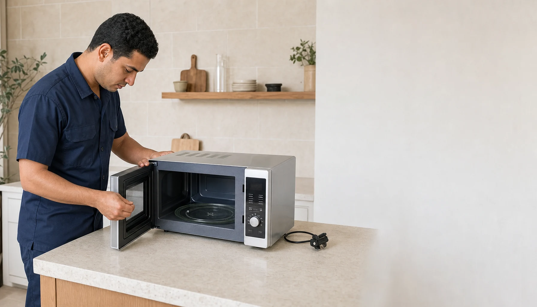 A silver countertop microwave on a pale stone kitchen counter