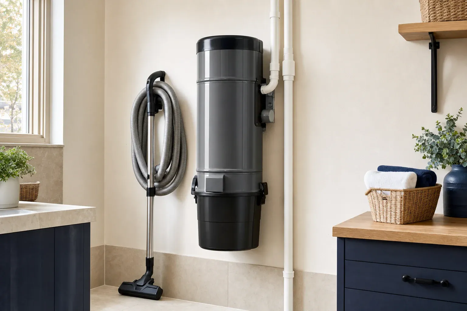A real central vacuum system installed in a utility room: vertical gray cylindrical power unit fixed securely to the wall, two orderly rigid white PVC suction pipes running upward, a coil of flexible cleaning hose hung neatly beside it and a floor wand