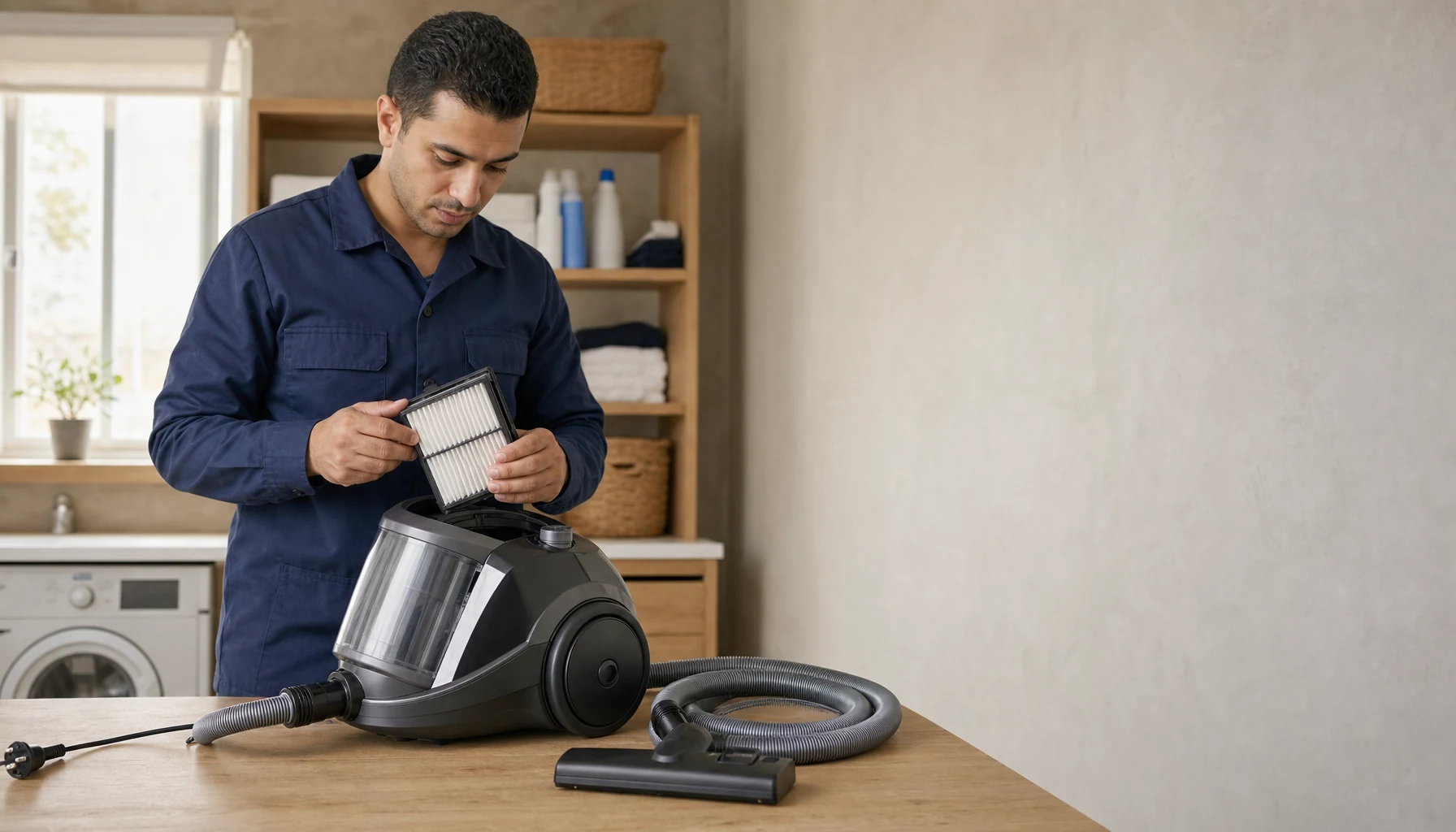 A modern unbranded canister vacuum cleaner on a tidy service table in a home utility room
