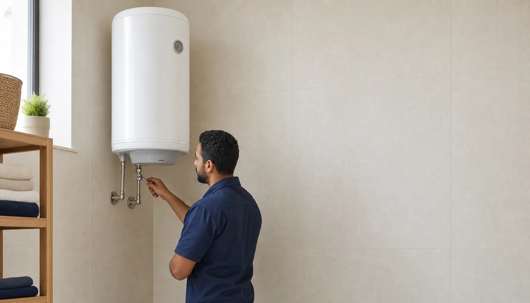 A vertical white cylindrical electric storage water heater mounted on a tiled utility-room wall at realistic height