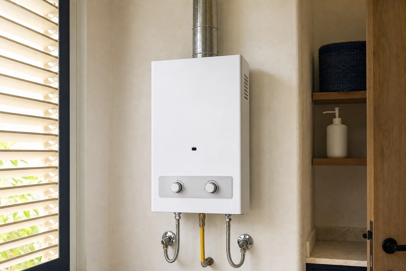 A compact rectangular white instantaneous GAS water heater mounted on a ventilated utility-room wall, two round control knobs on the lower front, properly attached metal flue exiting vertically from the top, two water connections and one gas connection neatly below