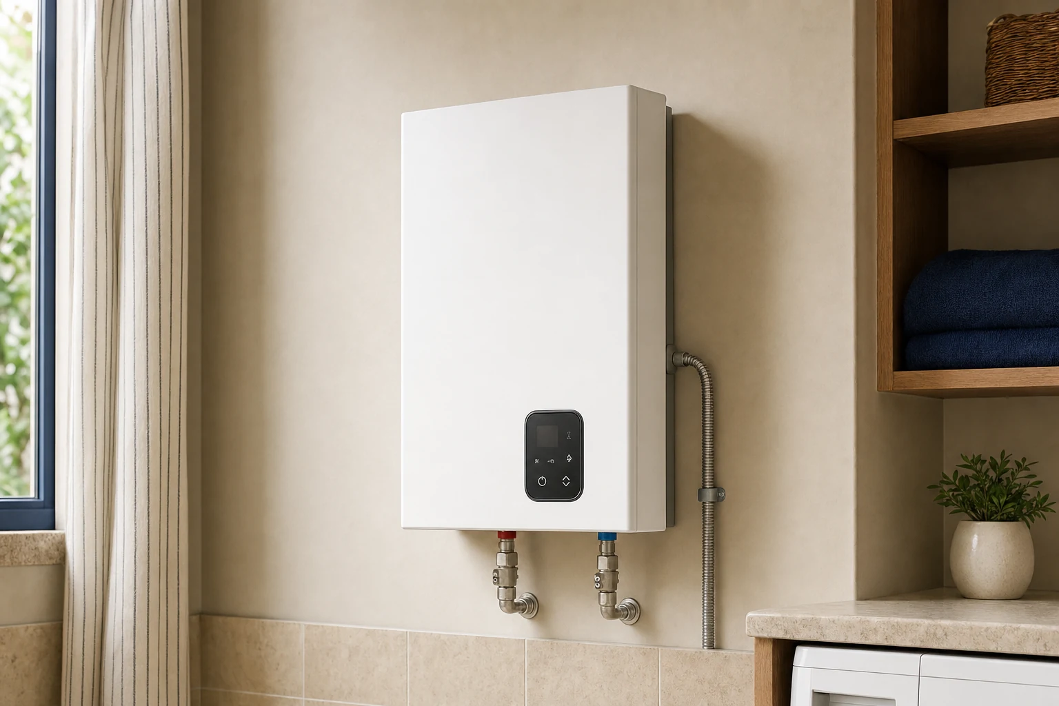 A slim compact rectangular electric tankless water heater fixed on a light utility-room wall, much smaller than a storage tank, discreet dark control panel, two small water connections beneath, tidy conduit entering from the side