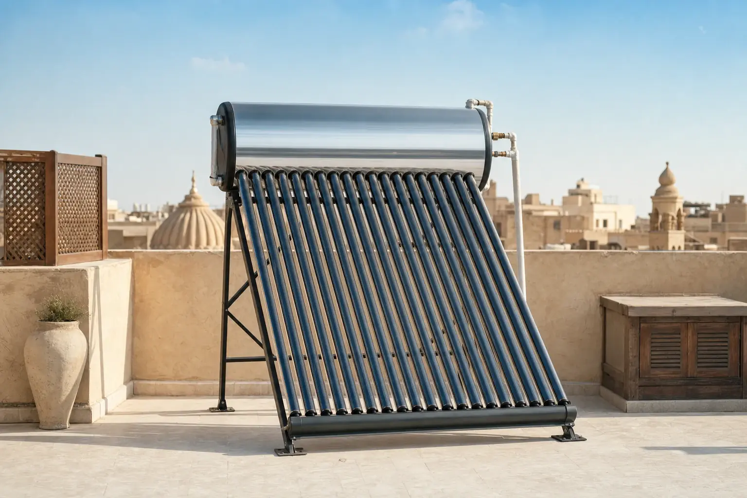 A real thermosiphon solar water heating system on a flat Egyptian rooftop: one horizontal insulated stainless steel cylinder above a tilted bank of dark evacuated glass tubes on a sturdy metal frame, neat short plumbing, calm blue sky, realistic construction.